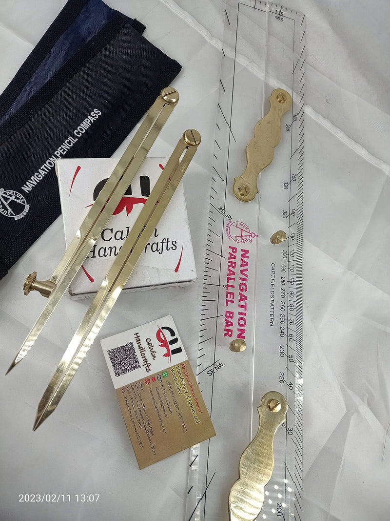 Advance.Man Marine Navigation Parallel Ruler Clear! Folding Parallel Ruler 21 inches with Brass Divider and Brass Pencil Compass 8 inches