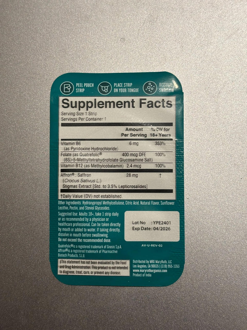 MARYRUTH'S Mood & Cognition Dissolving Strips, Vitamin B12, 30 Count | Vitamin B12, Vitamin B6, Saffron, Folate, Sugar Free