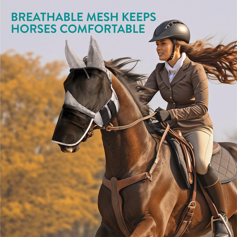 Navaris Medium Horse Mask - Comfortable Polyester Fly Guard Masks for Horses or Donkey - Includes Veil, Integrated Ears, and Removable Horse Nose Net - Gray Grey - BeesActive Australia