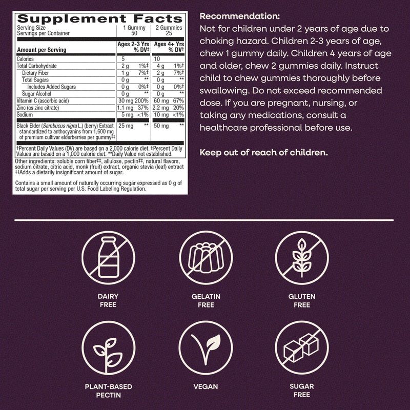 Nature's Way Sambucus Kids Zero Sugar Elderberry Immune Gummies, 50 ct | Immune Support Gummy for Kids Ages 2+,* with Black Elderberry Extract, Vitamin C, and Zinc, Zero Sugar 50 Count (Pack of 1)