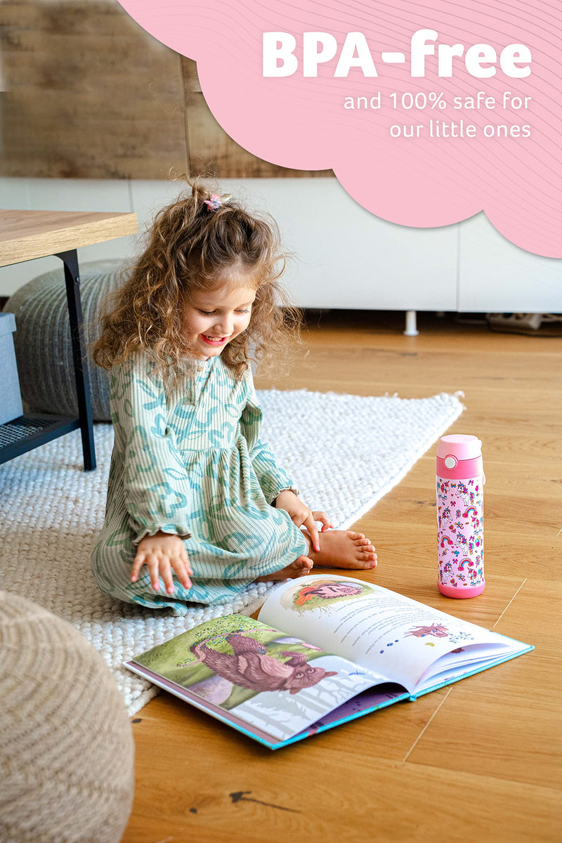 kids water bottle with straw - CHARLI - insulated stainless steel water bottle - thermos - girls/boys (Unicorn 'Mosaic', 18 oz) Unicorn 'Mosaic' - BeesActive Australia