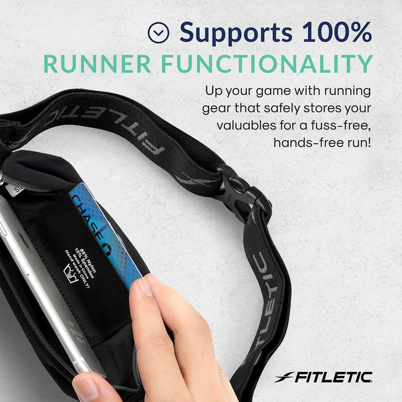 Fitletic Active Lifestyle Fanny Pack & Mini Sports Running Belt For Men & Women – Lightweight, Low Profile- Ultra-Soft Expandable Lycra Pouch - Fits All Phones – Inner Pocket Black