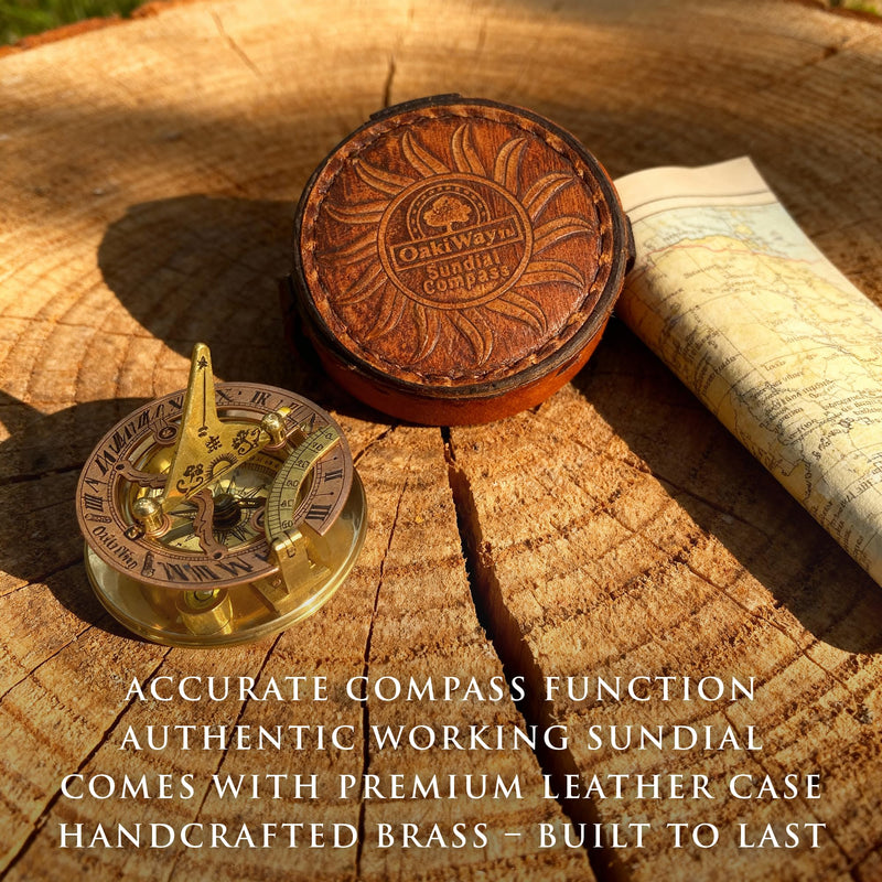 OakiWay Brass Sundial Compass in Leather Case - Nautical Gifts for Men, Antique Sailing Anniversary Gadget for Him, Unusual Unique Nautical Decor, Naval Maritime Pocket Watch Clock (2.7" Inch) 2.7" Inch Diameter