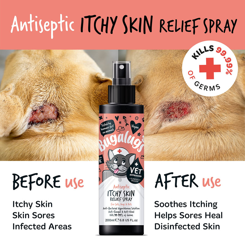 BUGALUGS Cat itchy skin relief Antiseptic spray 200ml, for kitten, cats & small animals - cat anti scratch cat spray is Antibacterial, Antifungal & Antiviral use for cat acne