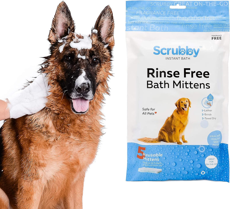 Scrubby Pet Pet Wipes, Rinse Free Shampoo Mittens for Dogs and Cats, Bath Wipes for Bathing and Washing Pets, Hypoallergenic No Rinse Wash Mitt for Grooming, Lather Wipe Dry 5 - Count Mittens - BeesActive Australia