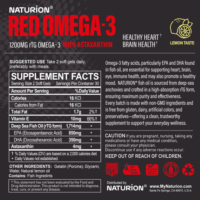 Red Omega-3 Fish Oil 1200mg rTG Omega 3 Supplement with Astaxanthin, Healthy Heart & Brain Health - 60 Softgels, 30 Day Supply 60 Count (Pack of 1)