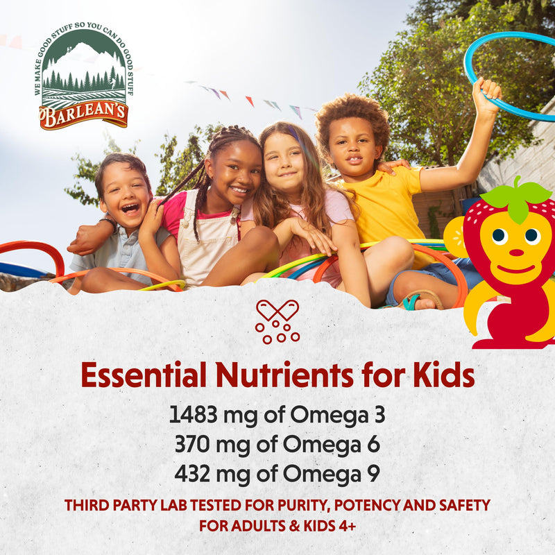 Barlean's Straw-Nana Omega Pals Kids Omega-3, 1483mg ALA, 8oz, 2-Pack | Plant-based kids omega-3, 1,483mg ALA, Fish-free, Non-GMO, Gluten-free, Vegan, Kid-friendly liquid, Brain & eye Sensational Straw-Nana 8 Fl Oz (Pack of 2)