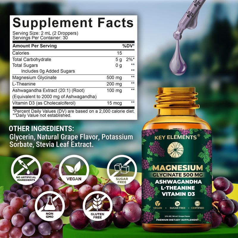 Liquid Magnesium Glycinate 500mg with Ashwagandha & L Theanine | Stress Relief, Sleep and Calm Vitamin D3 Magnesium Supplement | Ashwagandha and Magnesium with L-Theanine