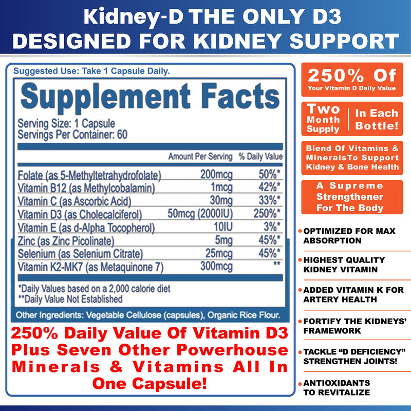 Kidney-D Kidney Supplement. Vitamin D Optimized for Kidney Support. Vitamin D3 and 7 Kidney Vitamins and Nutrients Designed for Kidney Health and More 60 Count (Pack of 1)