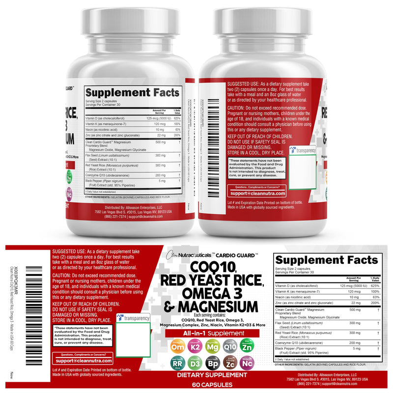 Clean Nutraceuticals COQ10 200mg Red Yeast Rice Flax Seed Magnesium Blend Niacin Zinc Vitamin K2 D3 - Heart Support Vitamins for Women & Men w/Vitamin B3, Coenzyme Q10-60 Ct (Pack of 2) 60 Count (Pack of 2)