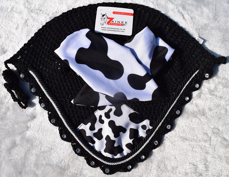 Cow Print Horse Fly Bonnet Ear Net Hat Hood Mask Fly Veil Handmade Crochet Polyester (COB) COB - BeesActive Australia