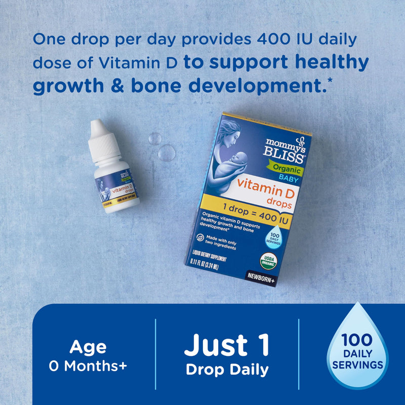 Mommy's Bliss Organic Baby Vitamin D Drops, 0.11 Fl Oz, Pack of 2 | Infant Vitamin D3 Drops Promote Healthy Growth and Bone Development | Newborn+ Unflavored 0.11 Fl Oz (Pack of 2)