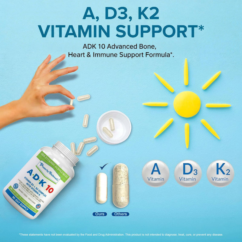 Power By Naturals ADK Vitamin Supplement – Vitamins A, D3 250 mcg & K2 MK-7 for Bone & Immune Health – Gluten-Free, Soy-Free – 180 Capsules, 2-Pack (6-Month Supply) 90 Count (Pack of 2)