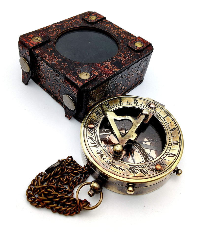 5MoonSun5's Antique Brass Sundial Compass Marine Boat Gift Pocket Sun Dial in Leather Display Box Nautical Marine Gift Sun Clock Pirate Ship Replica Watch Steampunk Accessory - BeesActive Australia