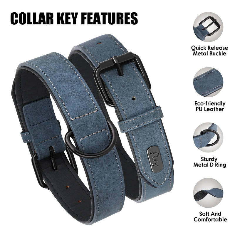 Didog Soft Padded Leather Dog Collar, Breathable Heavy Duty Dog Collar Leather with Adjustable Rust-Proof Metal Buckle for Small Medium Large Dogs, Blue, XL XL: Fit Neck 17-21"(44-71 lbs) - BeesActive Australia