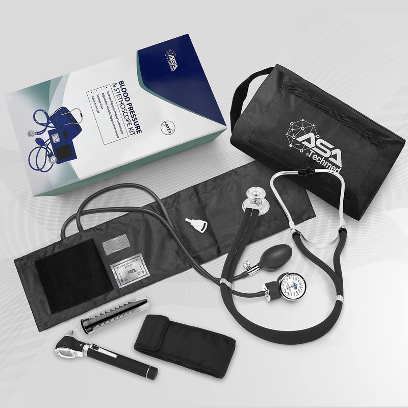 ASA TECHMED Nurse Essentials Professional Kit with Handheld Travel Case | 3 Part Kit Includes Adult Aneroid Sphygmomanometer Blood Pressure Monitor, Stethoscope, Diagnostic Otoscope (Black) Black - BeesActive Australia