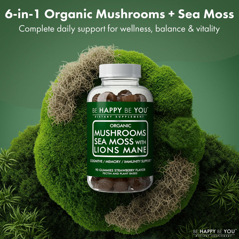 Organic Mushroom Sea Moss Gummies – Lion’s Mane, Reishi, Chaga, Cordyceps, Coriolus & Irish Moss – Cognitive & Immune Support – Vegan, Gelatin-Free, Pectin-Based – Watermelon – 90 Ct