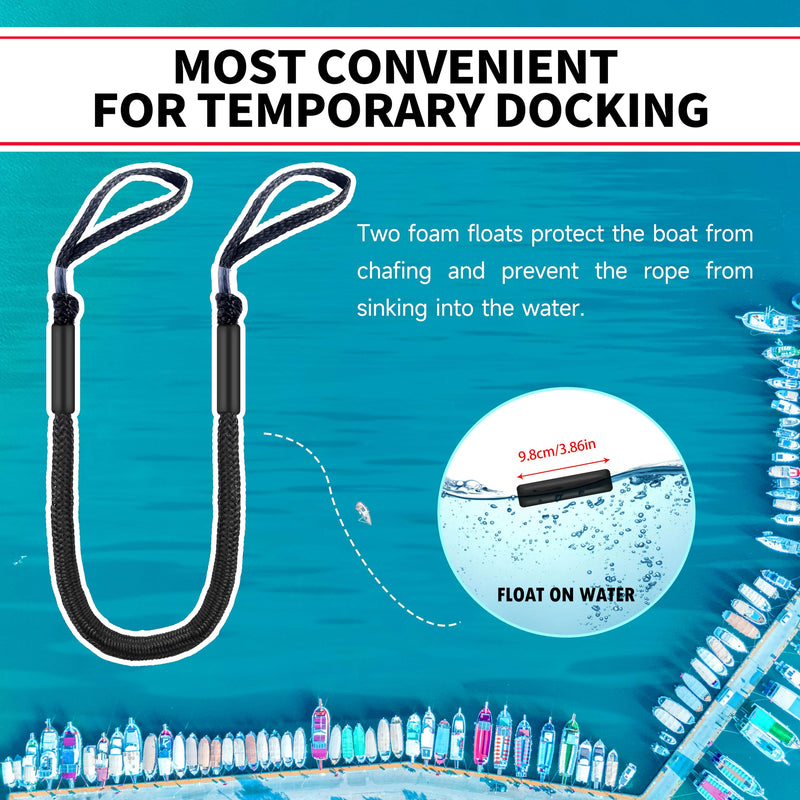 Marine Bungee Dock Lines for Boat 4-Pack, Braided Rope with Loops, Boat Tie Down for Dock, (4ft Black)