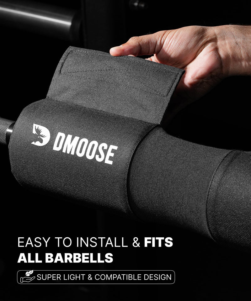 DMoose Fitness Barbell Pad for Hip Thrust, Squat & Lunges - Non-Slip Thick Foam Cushion for Neck and Back Support with Two Straps - Hip Thrust Pad for Leg Day - Fits All Olympic Bars and Smith Machine Black with Fabric Cover