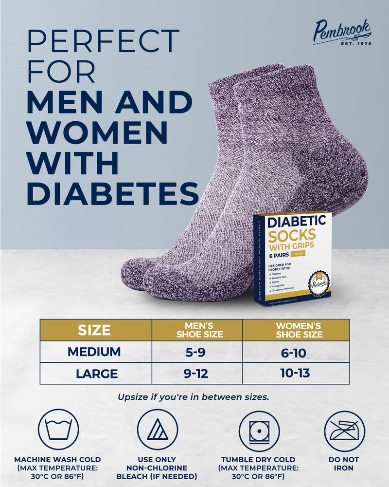 Pembrook 6 Pairs Diabetic Ankle Socks for Men & Women with Grips - 12 Colors Neuropathy Socks for Men | Non Slip | Edema Bright Colors & Neutrals Pack - 6 Pairs Large - BeesActive Australia