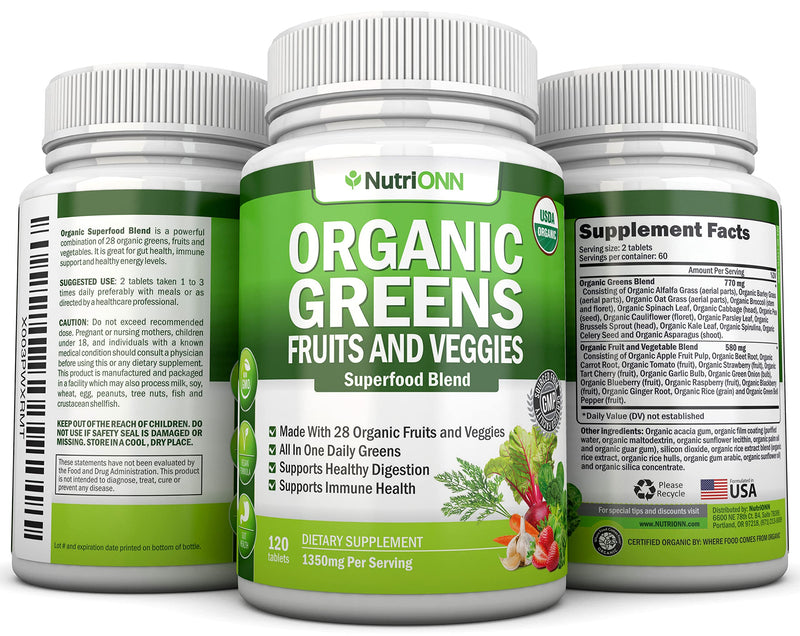 Organic Super Greens Capsules - Fruit And Vegetable Supplements - 120 Count - 28 USDA Organic & Vegan Premium Ingredients - Superfood Blend For Immune Health, Digestion & Energy - Whole Food Vitamins