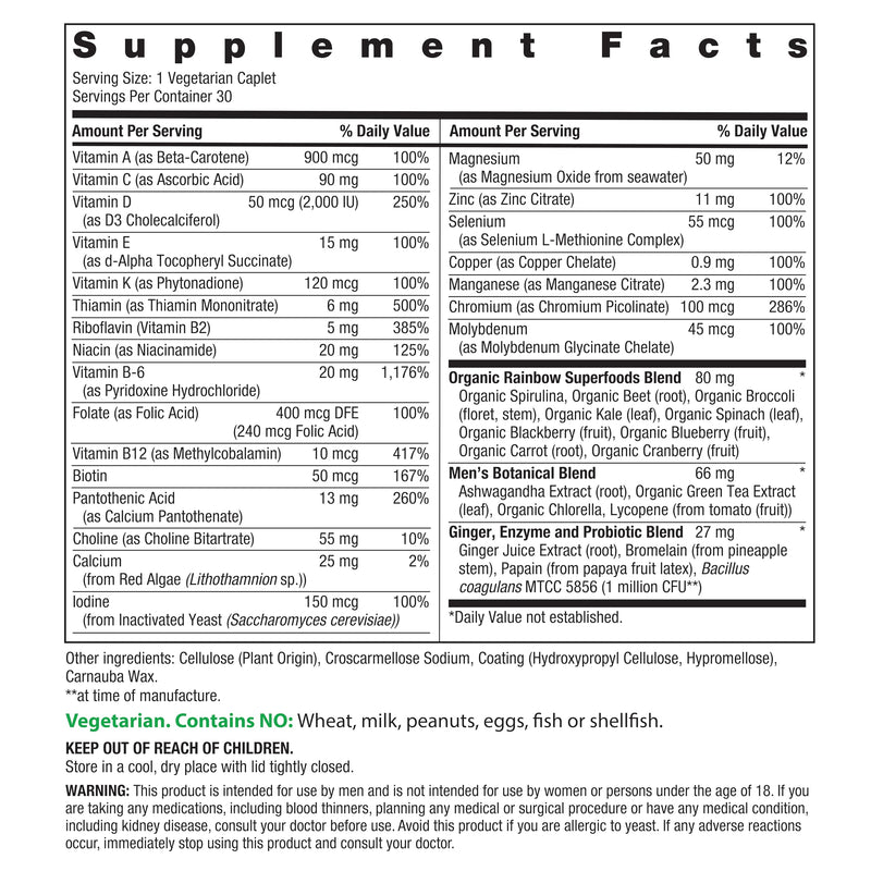 Rainbow Light Mens Multivitamin One + | 30 Caplets | Real Food Nutrients, Digestive Enzymes & Probiotics | Real Food Nutrients, Digestive Enzymes & Probiotics Men's One 30 Count (Pack of 1)