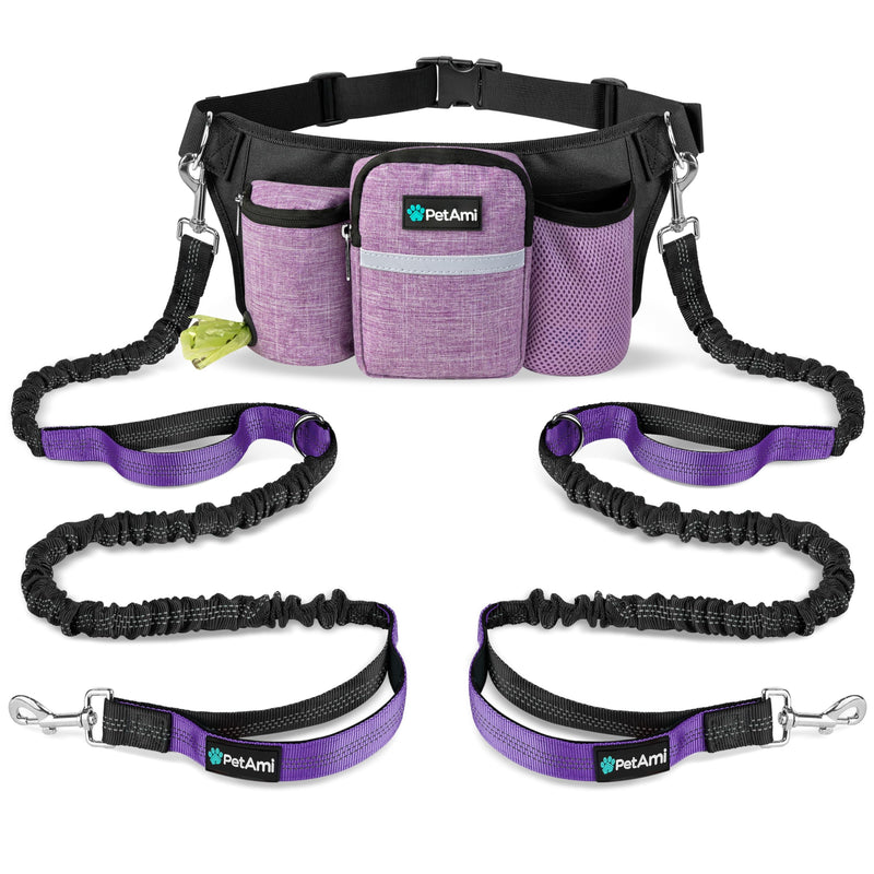 PetAmi Premium Hands Free Dog Leash for 2 Dogs, Adjustable Waist Belt Leash for Dog Walking, Fanny Pack Accessories Bag Dual Bungee Leash for Running, Hiking, Jogging, Biking, Purple 2 Leashes