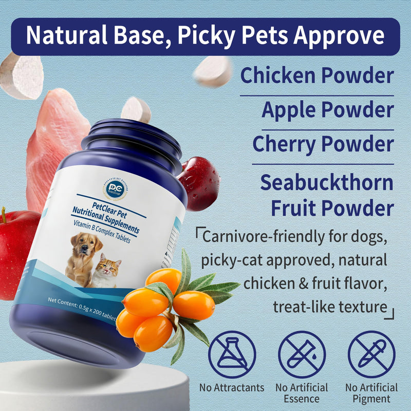 Vitamin B for Dogs, 200 Tablets, Vitamin B Complex Contains B12, B1, B2, B3, B5, B6, B7, B9 Supports Energy, Appetite, Digestive, Skin, Coat, Neurological Health, Suitable for Cats and Dogs(1 Bottle) Blue 1 Bottle (200pcs in total)