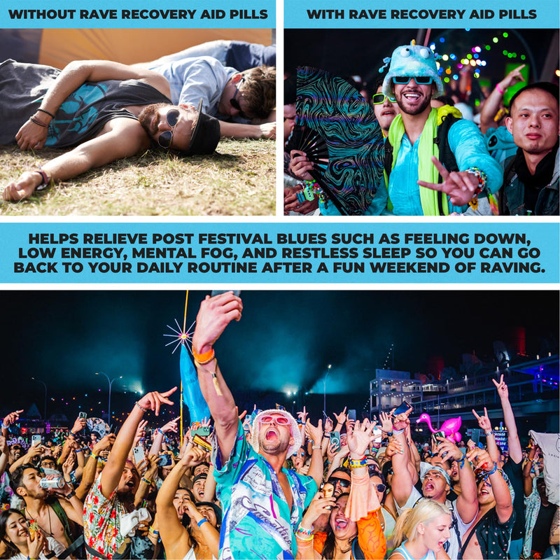Rave Recovery Aid Vitamins After Party Relief Pills Music Festival Accessories Rave Essential No 5-HTP Supplement Electrolytes Hydration Better Mornings Serotonin Energy Hangover 120 Capsules