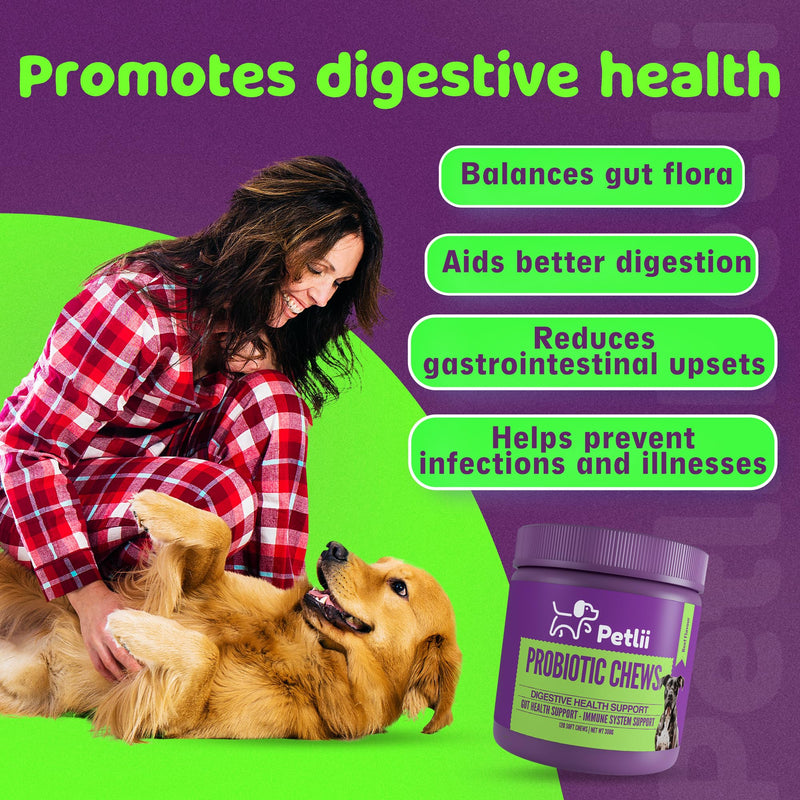 PROBIOTIC CHEWS - dog probiotics for gut health - digestive enzymes for dogs - Improve digestion, reduce diarrhea, itching and discomfort and eliminate foul odours. 120 Chews per tub