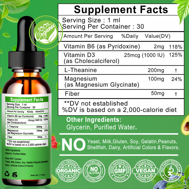L Theanine Drops, Liquid L-Theanine Supplement 200mg w/Magnesium Glycinate,Vitamins,Fiber for Relaxation,Sleep,Digestion, Calm,High Absorption Mood Support for Adults & Kids,Plant Based,Non-GMO