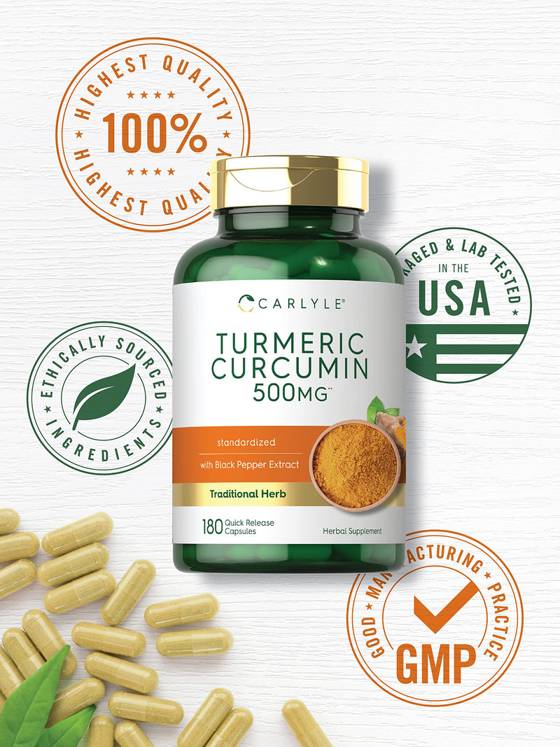 Carlyle Turmeric Curcumin with Bioperine | 500 mg | 180 Powder Capsules | Support Complex with Black Pepper | Non-GMO, Gluten Free Supplement - BeesActive Australia