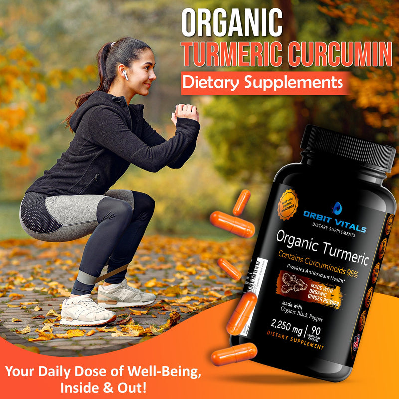 Organic Turmeric Curcumin with Black Pepper & Ginger 2250mg, 95% Standardized Curcuminoids - Helps Inflammation, Maintain Strong Joints & Healthy Immune, Gluten Free 90 Vegan Capsules - BeesActive Australia