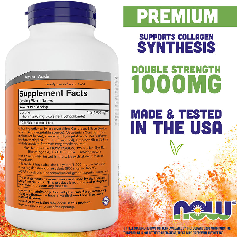 Now Foods L-Lysine 1000mg - Double Strength - 300 Tablets - Non-GMO Amino Acid Supplement (Llysine Hydrochloride)- 1000 mg Tabs - Vegan/Vegetarian 300 Count (Pack of 1) - BeesActive Australia