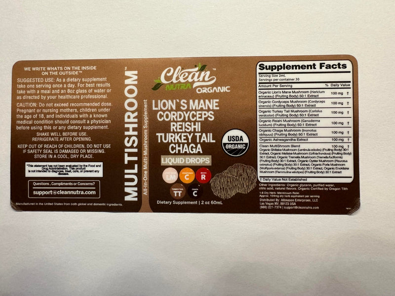 Organic Lions Mane Mushroom Supplement Liquid Drops + Turkey Tail Cordyceps Reishi Chaga Shitake Maitake Tremella Oyster Mushrooms Poria and Enokitake Complex Blend by Clean Nutra 1