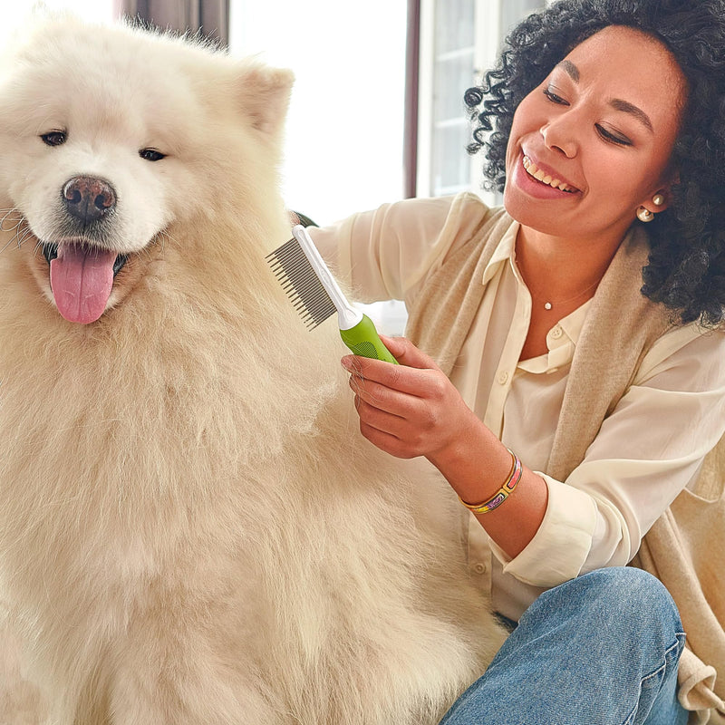 Detangling Pet Comb for Dogs & Cats - Detangler Grooming Tool with Long & Short Stainless Steel Metal Teeth for Dematting Matted Fur, Combing Out Knots, Removing Tangles from Undercoat - Ebook Guide - BeesActive Australia