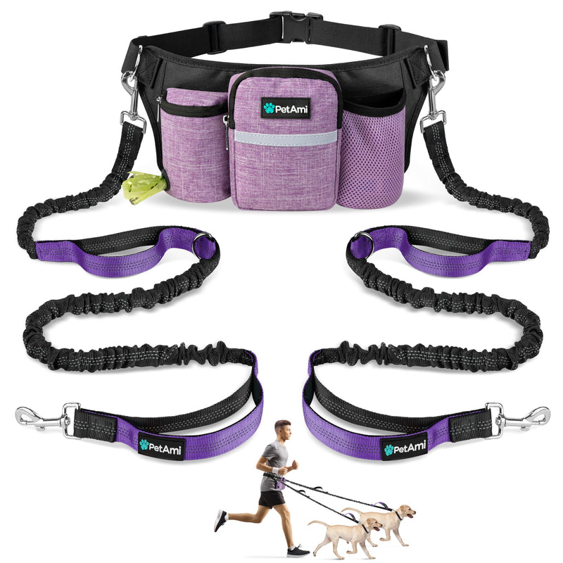 PetAmi Premium Hands Free Dog Leash for 2 Dogs, Adjustable Waist Belt Leash for Dog Walking, Fanny Pack Accessories Bag Dual Bungee Leash for Running, Hiking, Jogging, Biking, Purple 2 Leashes