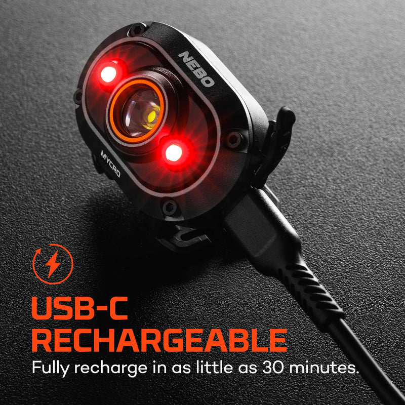 NEBO MYCRO 450 Rechargeable Headlamp | 450 Lumens, 6 Light Modes, Water Resistant, Detachable Hat Clip, Super Bright Head Lamp for Camping & Hiking, Includes USB Charging Cable — Gray