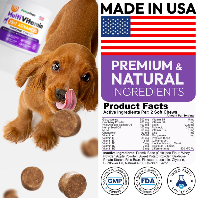Dog Multivitamin Chewable - Dog Vitamins and Supplements with Glucosamine - 170 Chews - Hip & Joint, Pet Immune Support, Skin & Coat, Gut & Heart Health - Senior & Puppy Multivitamin Pet Supplement
