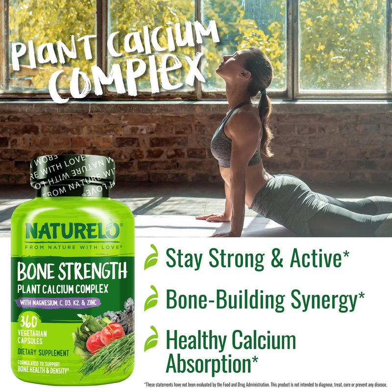 NATURELO 600mg Calcium Supplement for Bone Strength, VIT D3, 360 Capsules | Magnesium, Zinc, Vit K2, for Women & Older Adults, Plant-Based, Well Tolerated, NSF Contents Certified, MFD in GMP Facility Unflavored 360 Count (Pack of 1)