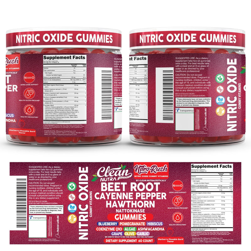 Nitro Rush Nitric Oxide Gummies Beet Root Cayenne Pepper Pomegranate Vitamin C Hawthorn Nattokinase Blueberry Hibiscus Coenzyme Q10 Algae Ashwagandha Root Grape Olive Garlic 60 Count by Clean Nutra