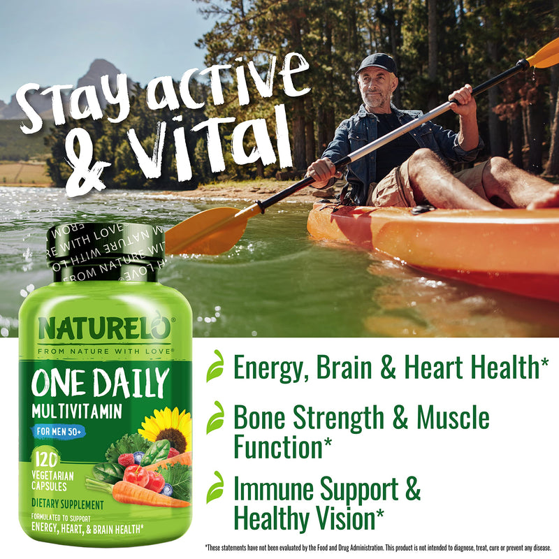 NATURELO Multivitamin for Men 50+ - One Daily, 120 Vegetarian Capsules | Vitamins, Minerals & Organic Whole Foods, Boost Energy and Health, Non-GMO 120 Count (Pack of 1)