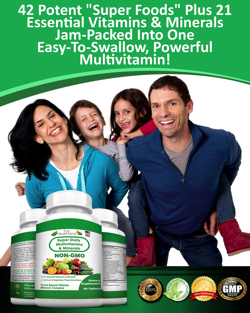 Pure Heathland Non-GMO Super Daily Multivitamin for Adults – 42 Natural Fruits & Vegetables Blend with 21 Essential Vitamins & Minerals – Vegan Coating Tablets, 90 Count, Made in USA 90 Count (Pack of 1)