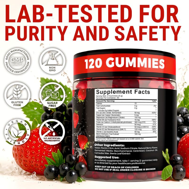 KEY ELEMENTS Immune Support Zinc Gummies 50mg with Elderberry Vitamin C | Rich Berry Taste Natural Antioxidant Zinc Supplements with Copper Vitamin D3 K2 Magnesium | Sugar-Free, 120 Gummies
