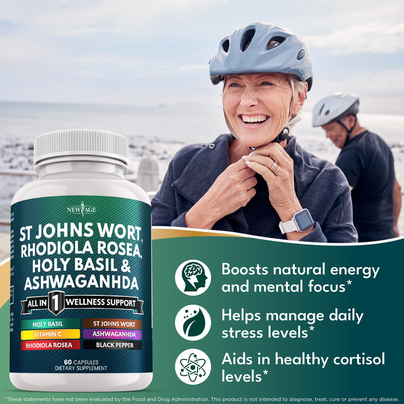 NEW AGE St Johns Wort, Rhodiola Rosea, Holy Basil, Ashwagandha - Support for Women and Men with Vitamin C & Black Pepper Extract - 180 Count 60 Count (Pack of 3)