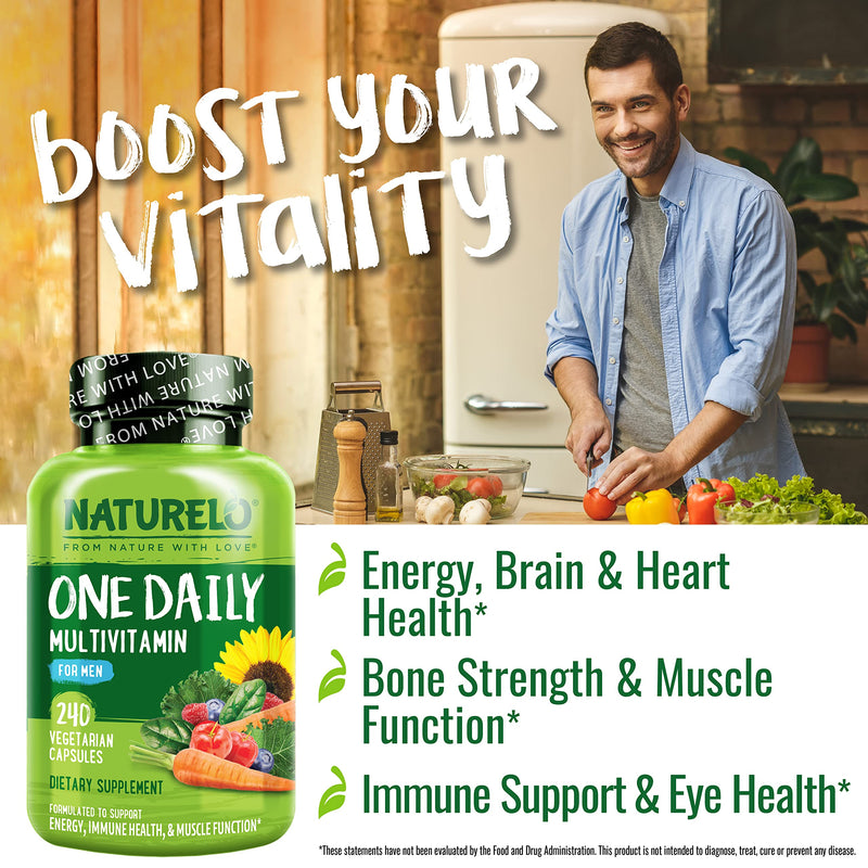 NATURELO Multivitamin for Men - One Daily, 240 Vegetarian Capsules | Vitamins, minerals & organic whole foods, non-GMO Unflavored 240 Count (Pack of 1)