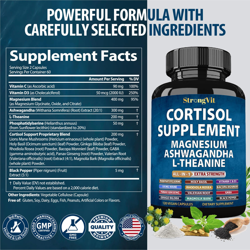 Cortisol Supplements for Women and Men with Magnesium, Ashwagandha 120 Caps 120 Count (Pack of 1)
