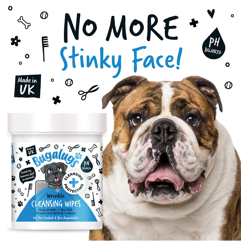 BUGALUGS Wrinkle Dog Wipes for pawly skin - 100 Biodegradable dog grooming pet wipes. Use as Dog ear wipes, dog eye wipes, dog face wipes, Paw & Bum wipes for puppy, dogs & cat grooming