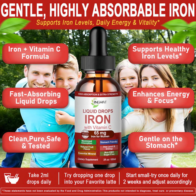 Iron Supplement Liquid Drops, High Absorption Iron Supplement for Women 65 mg, Liquid Iron for Red Blood Cell Support*, Vegan Essential Mineral Iron Drops with Vitamin C, Non-GMO, 30 Servings