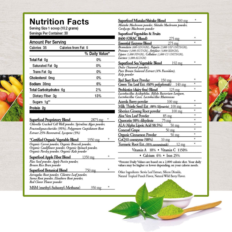 Vital First Daily Greens Superfood Powder 50 Whole Super Foods with Spirulina, Chlorella, Flax Seed, Fiber and Enzymes with Organic Greens - 30 Servings